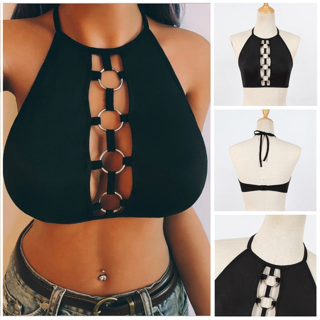 Women Sexy Hollow Out Rings Black Crop Top Sleeveless Halter Bustier Summer Casual Vest Casual Tank Tops Woman Clothes S-XL