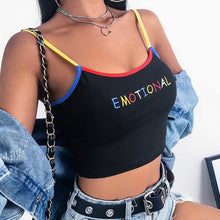 Load image into Gallery viewer, 2019 Summer Women Crop Top Ladies Spaghetti Strap Elastic CamisoleCropped Sexy EMOTIONAL Letter Embroidery Tank Tops