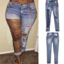 Load image into Gallery viewer, Sexy Women Destroyed Jeans Holes Chain Patchwork Skinny Bodycon Jeans Pants Ripped Boyfriend Pants Denim Vintage Straight Jeans