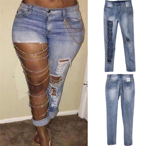Sexy Women Destroyed Jeans Holes Chain Patchwork Skinny Bodycon Jeans Pants Ripped Boyfriend Pants Denim Vintage Straight Jeans