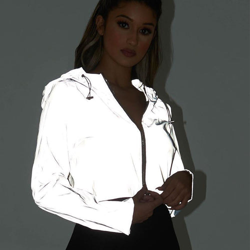 Reflective Jacket Women 2019 Flash Short Hooded Coats Night Glowing Short Jacket Zipper Women Reflective Hooded Jackets