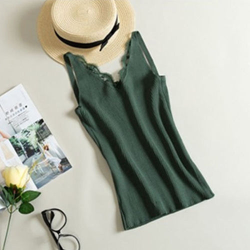 Fashion Women Knitted Summer V Neck Vest New Lace Stitching Plain Weave camisole Vest Women's Sleeveless Blouse Tops T-Shirt