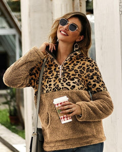2019 Winter Fleece Sweater Fashion Leopard Patchwork Fluffy Thick Sweaters Warm Zipper Pullovers Women Winter Coat Sherpa Tops