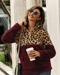 2019 Winter Fleece Sweater Fashion Leopard Patchwork Fluffy Thick Sweaters Warm Zipper Pullovers Women Winter Coat Sherpa Tops