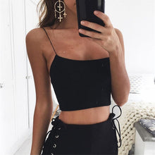 Load image into Gallery viewer, Sexy Summer Women Sleeveless Straps  Camis Solid Casual White Black Bustier Spaghetti Strap Crop Tops 7644