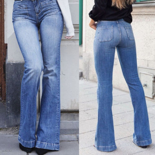 Women Denim Bootcut Jeans Stretch Wide Leg Denim Pants Flare Bell Bottom Female