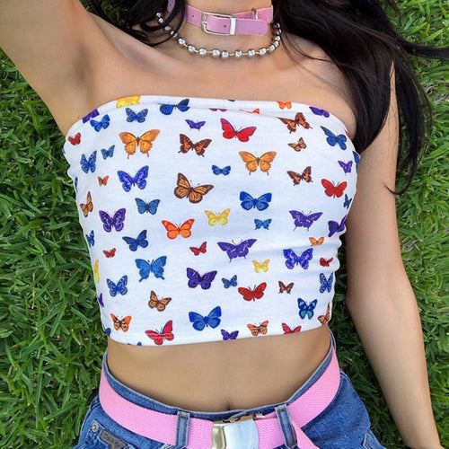 Butterfly Pattern Print Cotton Colorful Slash Neck Tank Strapless Crop Top Camis 2019 Summer Casual Outwear