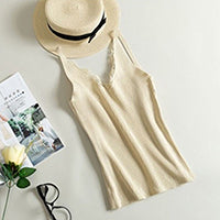 Fashion Women Knitted Summer V Neck Vest New Lace Stitching Plain Weave camisole Vest Women's Sleeveless Blouse Tops T-Shirt