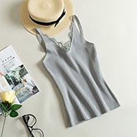 Load image into Gallery viewer, Fashion Women Knitted Summer V Neck Vest New Lace Stitching Plain Weave camisole Vest Women&#39;s Sleeveless Blouse Tops T-Shirt