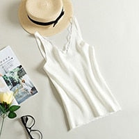 Fashion Women Knitted Summer V Neck Vest New Lace Stitching Plain Weave camisole Vest Women's Sleeveless Blouse Tops T-Shirt