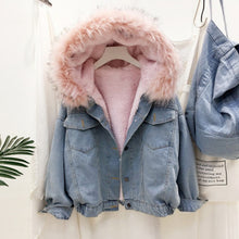 Load image into Gallery viewer, Velvet Thick Denim Jacket Female 2019 New Winter Big Fur Collar Korean Locomotive Lamb Coat Women Student Short Cowboy Coat