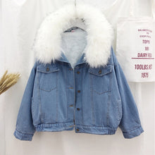 Load image into Gallery viewer, Velvet Thick Denim Jacket Female 2019 New Winter Big Fur Collar Korean Locomotive Lamb Coat Women Student Short Cowboy Coat