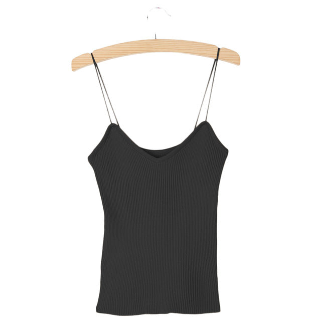 KLV Hot Knit Tank Tops Women Camisole Vest Simple Stretchable V Neck Slim Sexy Straps Tank