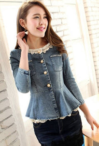 Free Shipping High Quality Cool Korean Lace Beads Decorated Three-quarter Sleeve Collect Waist Jean Coat